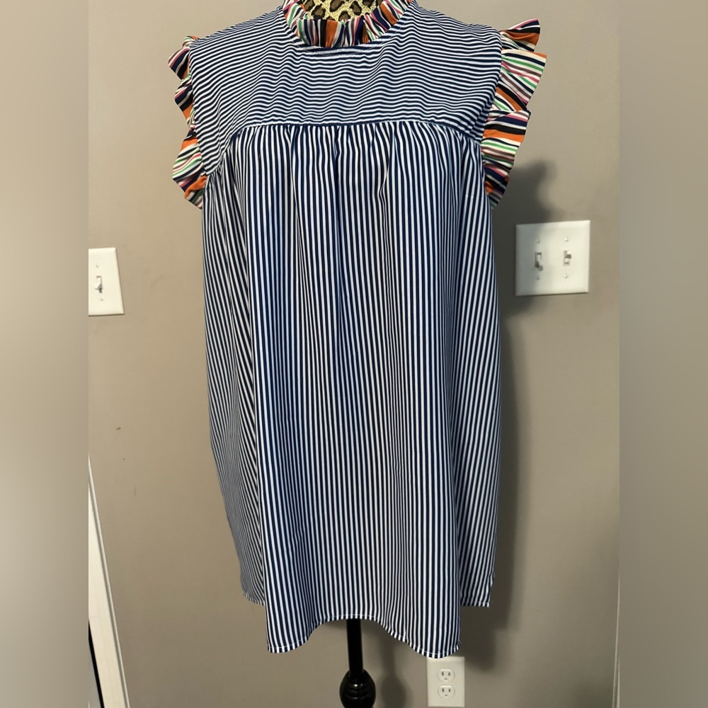 Striped Blue and Multicolor Ruffle Top